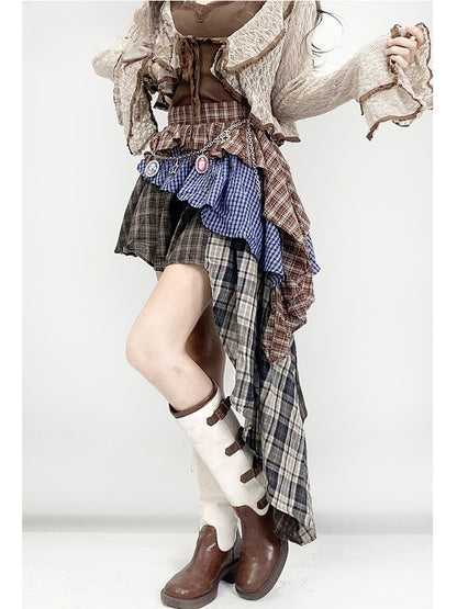 ミラードチェック柄ブラウンスカート ティアードファッション アシンメトリーヘムパターン