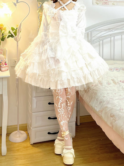 Strumpfhose Gothic Maiglöckchen und Kreuzdruck Shiro Lolita