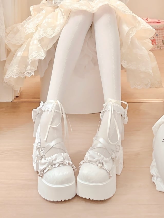 Gather Mary Rhinestone Accents Off-white Heel Edging High with Janes Clasp Block - Bow