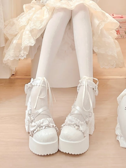 Gather Mary Rhinestone Accents Off-white Heel Edging High with Janes Clasp Block - Bow