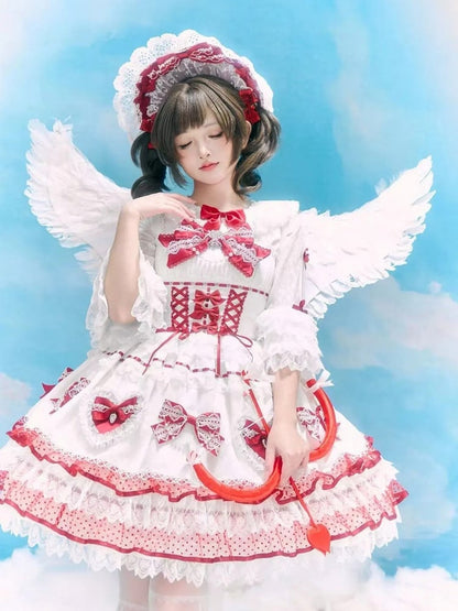 Heart Dress Red JSK Wine Bow with Sweet Appliques Accents Lolita