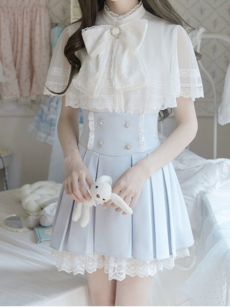 ジライケイ セット ボックスプリーツスカート + ケープトップ + ブルートリム 蝶ネクタイ ホワイトレース