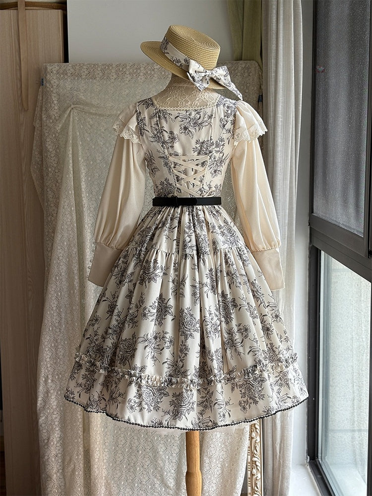Beige & Black Rosette Print Elegant Classic Lolita JSK Dress with Lace Trim