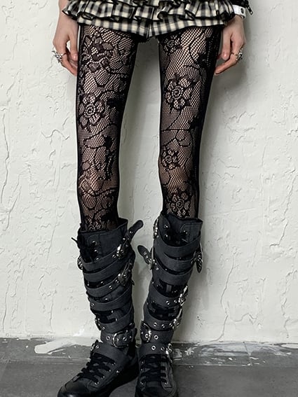Print White and Black and Gray Tights Floral Y2K - Bokior
