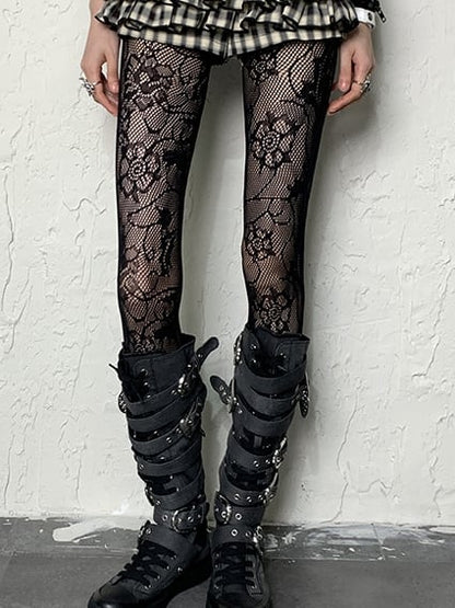 パターン ホワイト/ブラック/グレー タイツ 花柄 Y2K