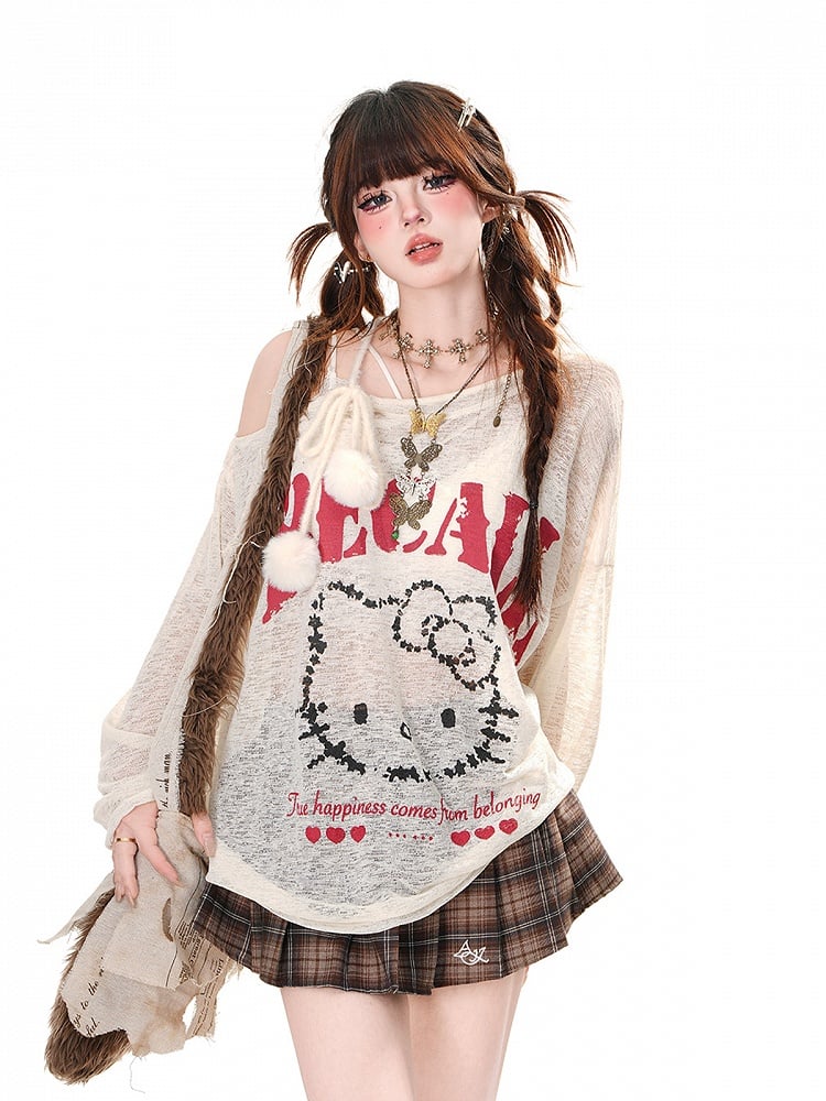 Halbtransparentes Sonnenschutz-Top mit Kätzchen-Print und Pompon-Akzenten in Rosa/Weiß mit asymmetrischem Ausschnitt