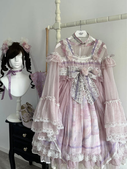 Han Bow Lolita Stück Langes Rosa-Lila Halbtransparente Printärmel Großes Kleid Whale Wide One