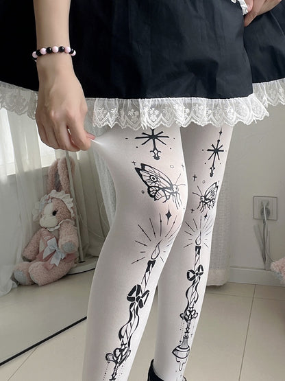 Strumpfhose Schmetterling und Kandelaber Print Gothic Lolita Weiß