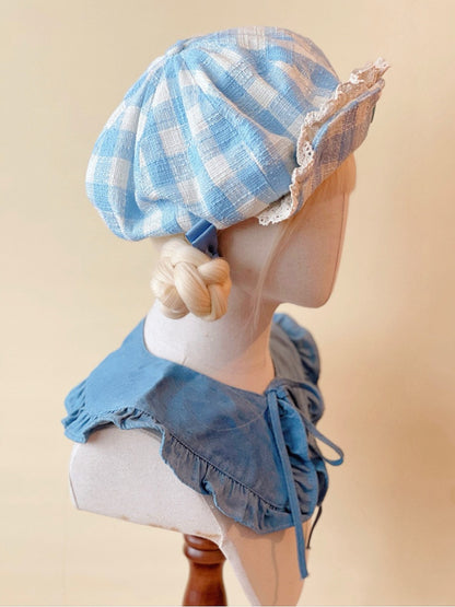 Heart-Shaped Button Hat Lace Blue Beret with Trim Plaid White