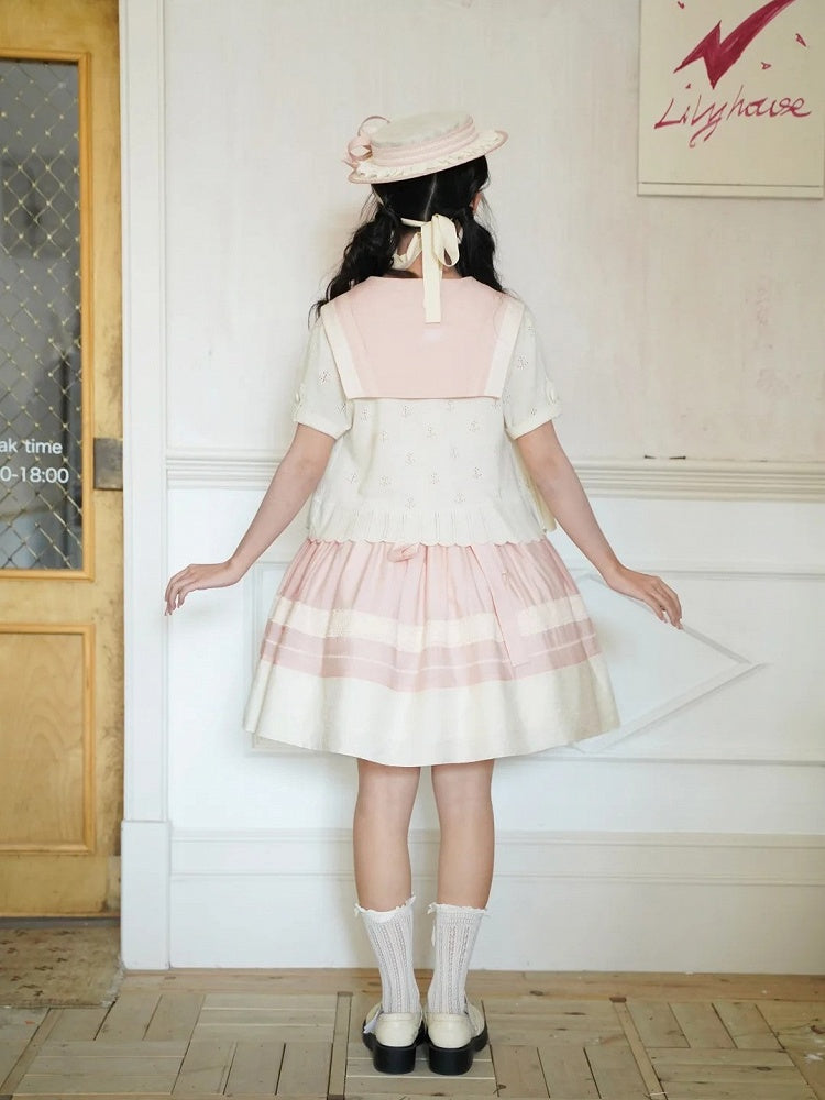 Trims Lolita Accent Beige Pink with Lace Dress and Collar Sailor Bow