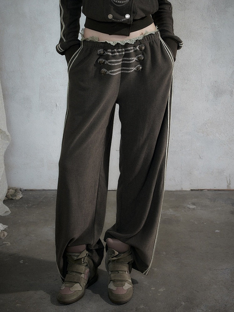Khaki Green Double-Breasted Straight Leg Sweatpants with Lace Trim, Punk Style - NO ROMANCE