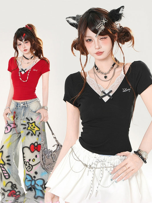 Slim-fitting Black/Red Design Lace Faux T-shirt Two-pieces Camisole