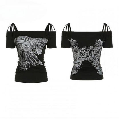 Schulterfreier Ausschnitt, verziert mit floralem schwarzem Strass-T-Shirt-Design Y2K