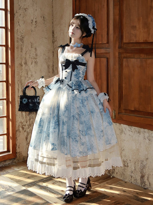 Elegant Blue and White Jumper Skirt with Tulle Overlay and Bows - Cat Highness
