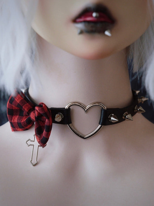 And Cross Black With Plaid Heart Pattern Pendant Red Buckle Bowknot Choker