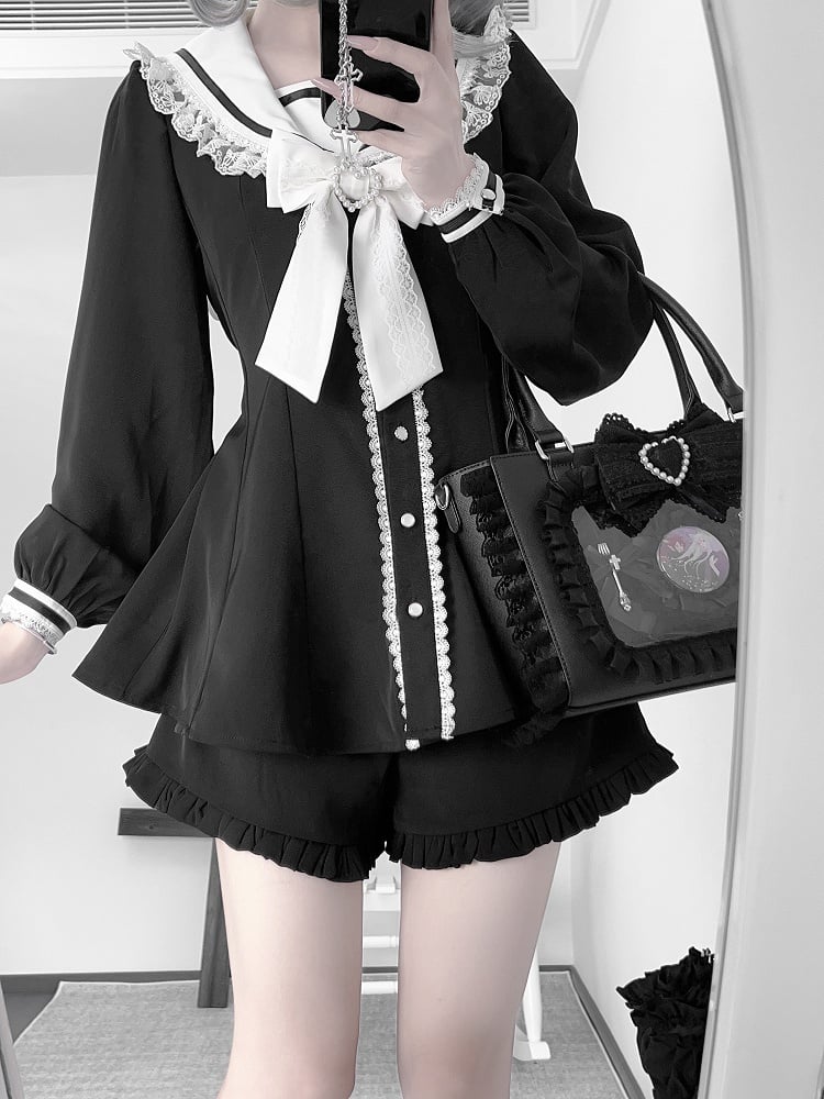 Schwarz-weißes Kei-Minikleid mit Ohrenschleife, Shorts mit Rüschensaum, Jirai und Rückenschnürung, Matrosenkragen, Hasen-Design-Set