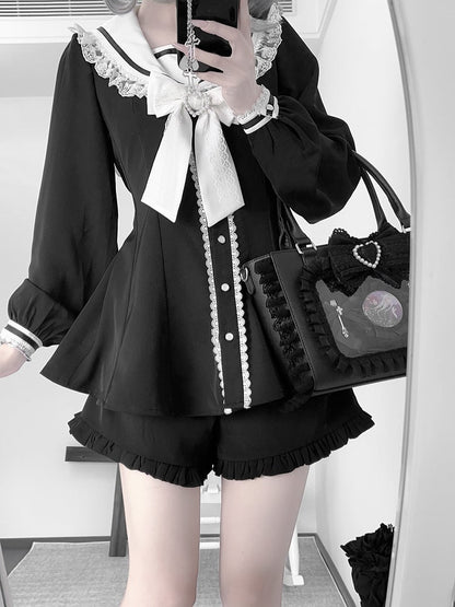 Schwarz-weißes Kei-Minikleid mit Ohrenschleife, Shorts mit Rüschensaum, Jirai und Rückenschnürung, Matrosenkragen, Hasen-Design-Set