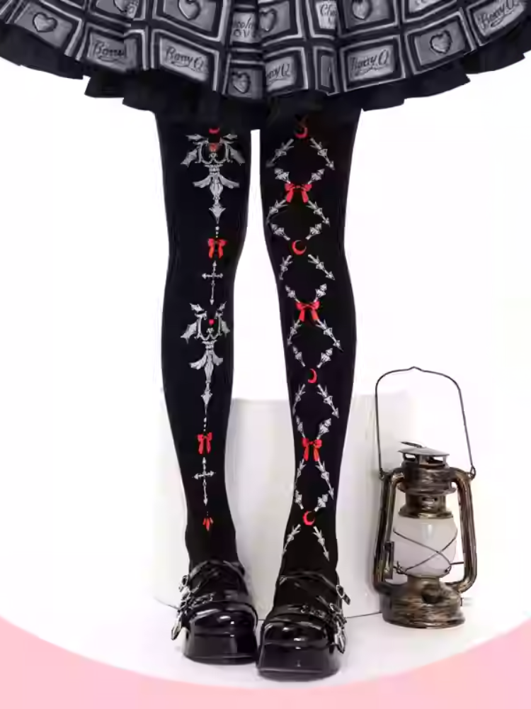 ブラックゴシックロリータレッドリボンプリントタイツ