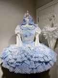 Süße Mieder Ärmeln Abnehmbare Lolita Blau Kleid Strand Wal Druck Stickerei Glocke mit und