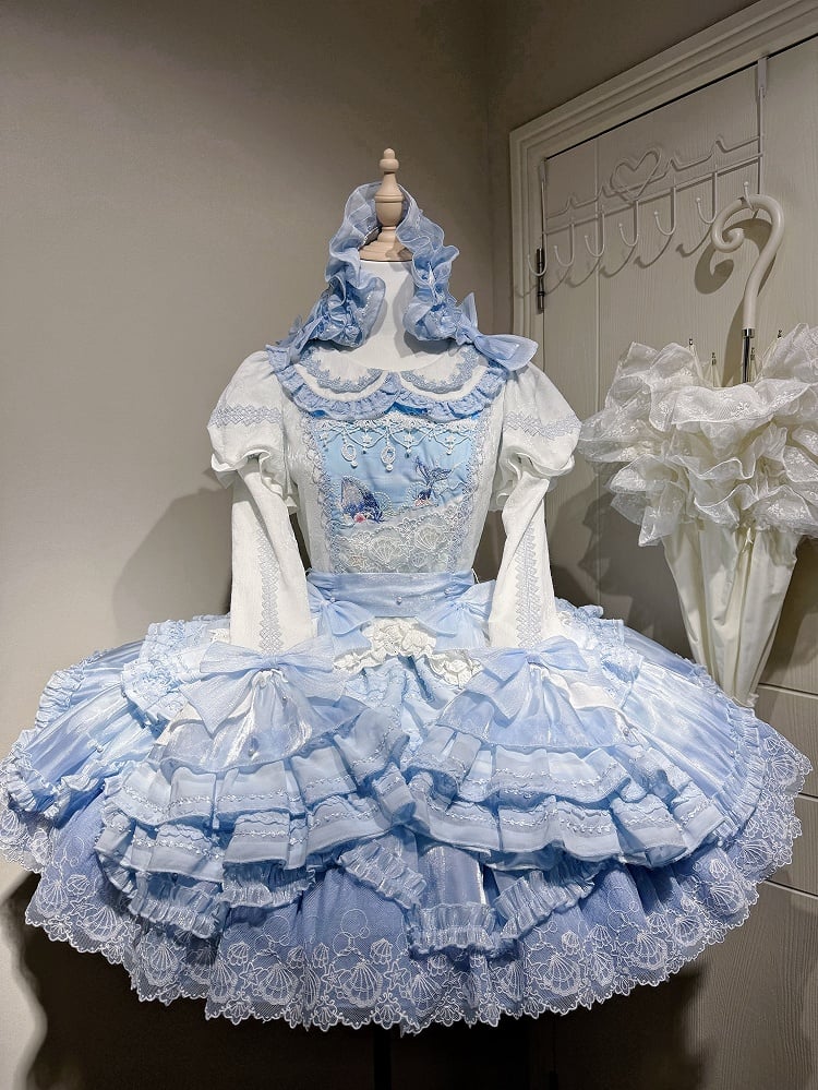 Süße Mieder Ärmeln Abnehmbare Lolita Blau Kleid Strand Wal Druck Stickerei Glocke mit und