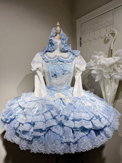 Sweet Bodice Sleeves Detachable Lolita Blue Dress Beach Whale Print Embroidery Bell with and