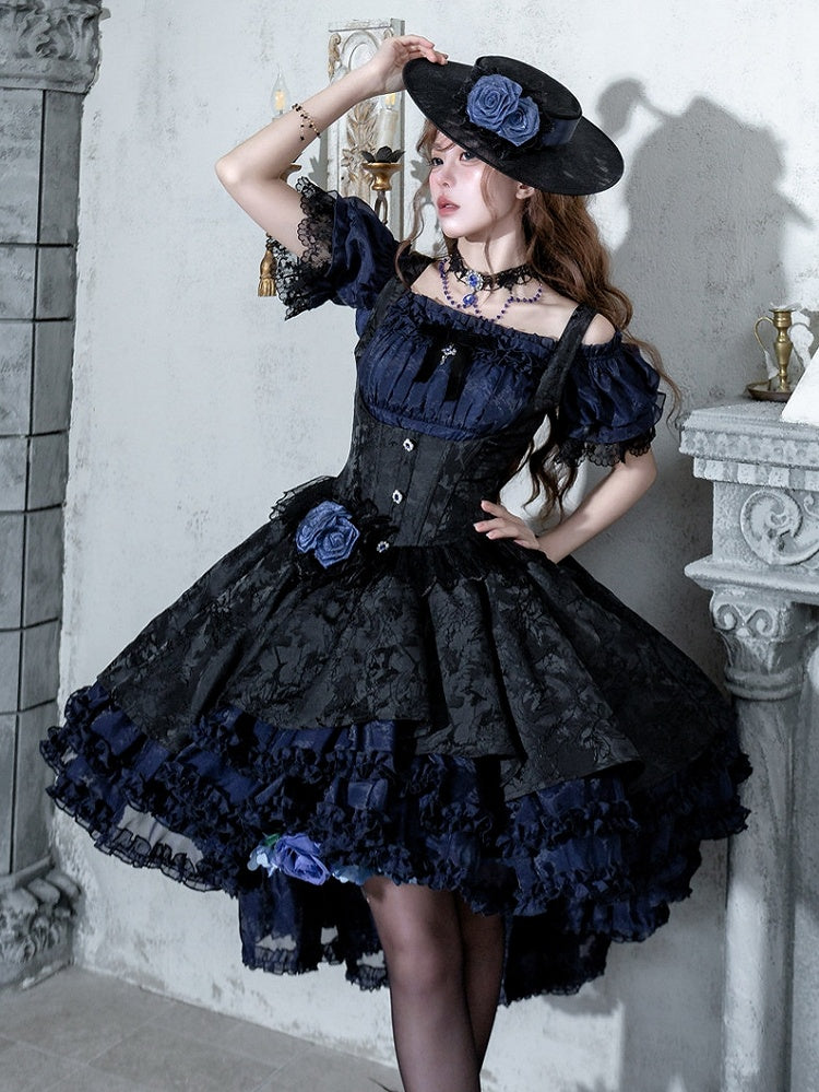 Gothic Underbust JSK Dress with Off-Shoulder Blouse, Dark Blue & Black, High-Low Skirt - Sheer Ocean