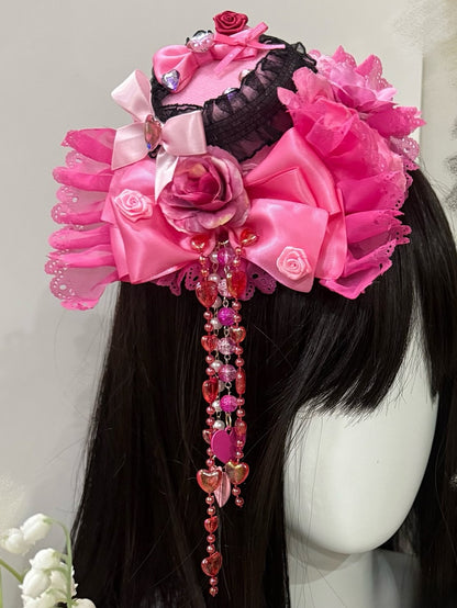 Beaded Floral Chain Lace BlackPink Decorated Hat Design Mini Rhinestone Trim