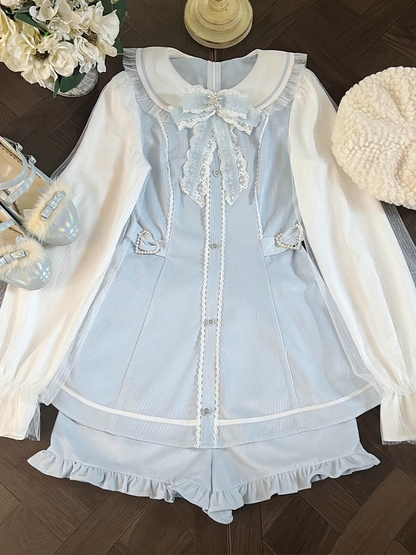 Blue Peter Pan Collar Mini Dress+Ruffled Set- Light Shorts Jirai Kei Hem