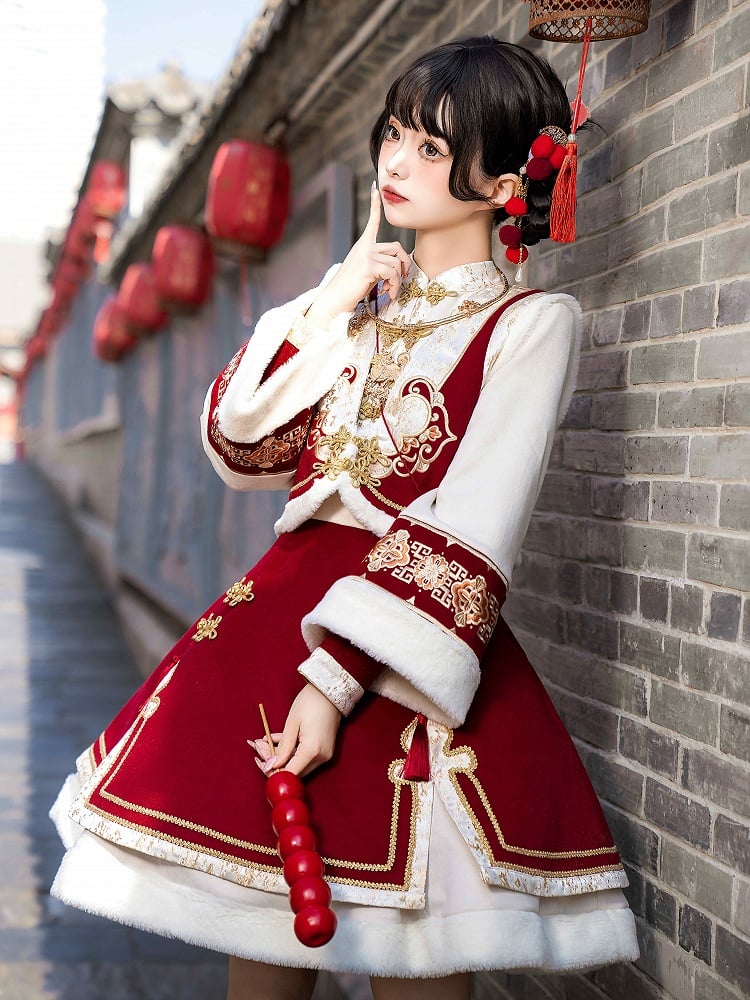 赤い新年の結び目ボタンのバンドカラーのロリータドレスベストタッセルクロスボディバッグフルセット