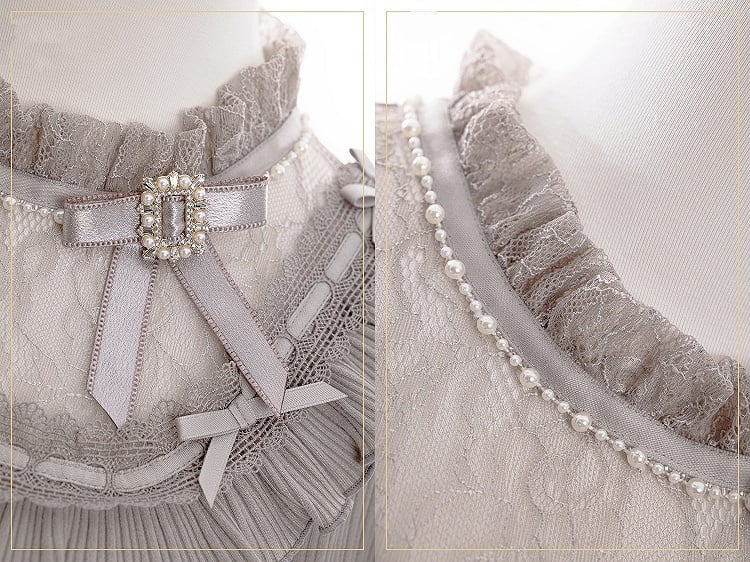 Jirai Kei Gray Blouse with Bowknot and Bead Decor, Illusion Neckline, Free Armwear - Fluffy Heart