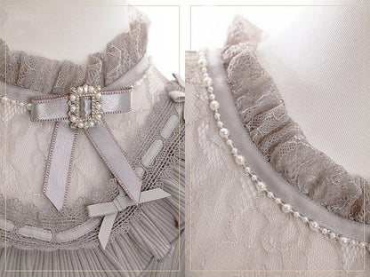 Jirai Kei Gray Blouse with Bowknot and Bead Decor, Illusion Neckline, Free Armwear - Fluffy Heart