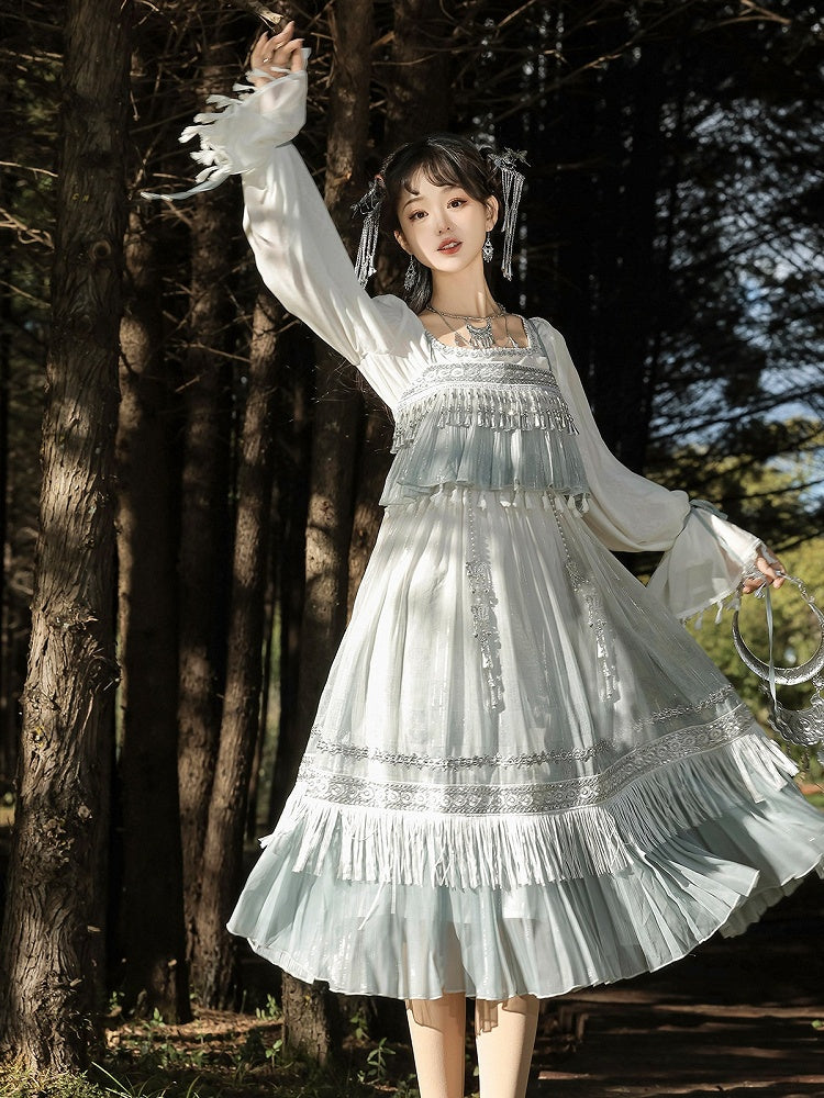 Square Neck Long Sleeve Han-Element Top in Light Blue with Tassel Dress Combo - Han Ru Chu Hanfu & Han-Element Studi