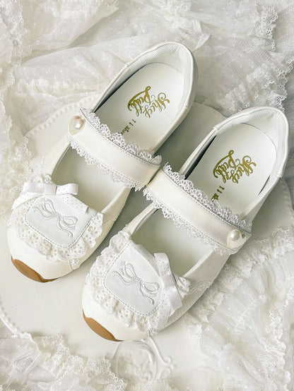 Heart-Adorned Bow Velcro Trim Sweet - Details Flat Lolita Lace Straps White Shoes