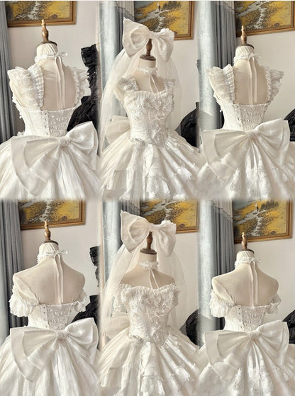 Blooming Layered Jacquard Hime Lolita Dress – Basque Waist with Lace & Fluffy Flower Accents | Sheer Ocean
