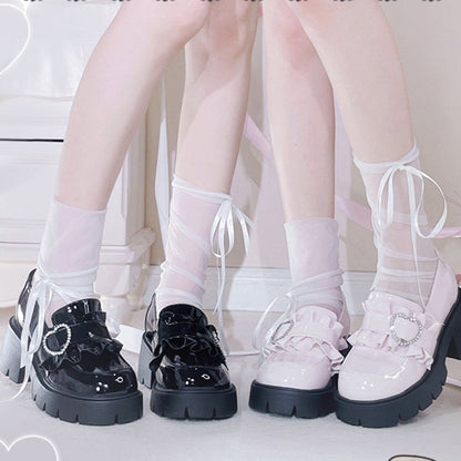 Shoes Jirai 6.5cm Pink Chunky Detail Kei with Loafers Beaded Heel Sweetheart Platform