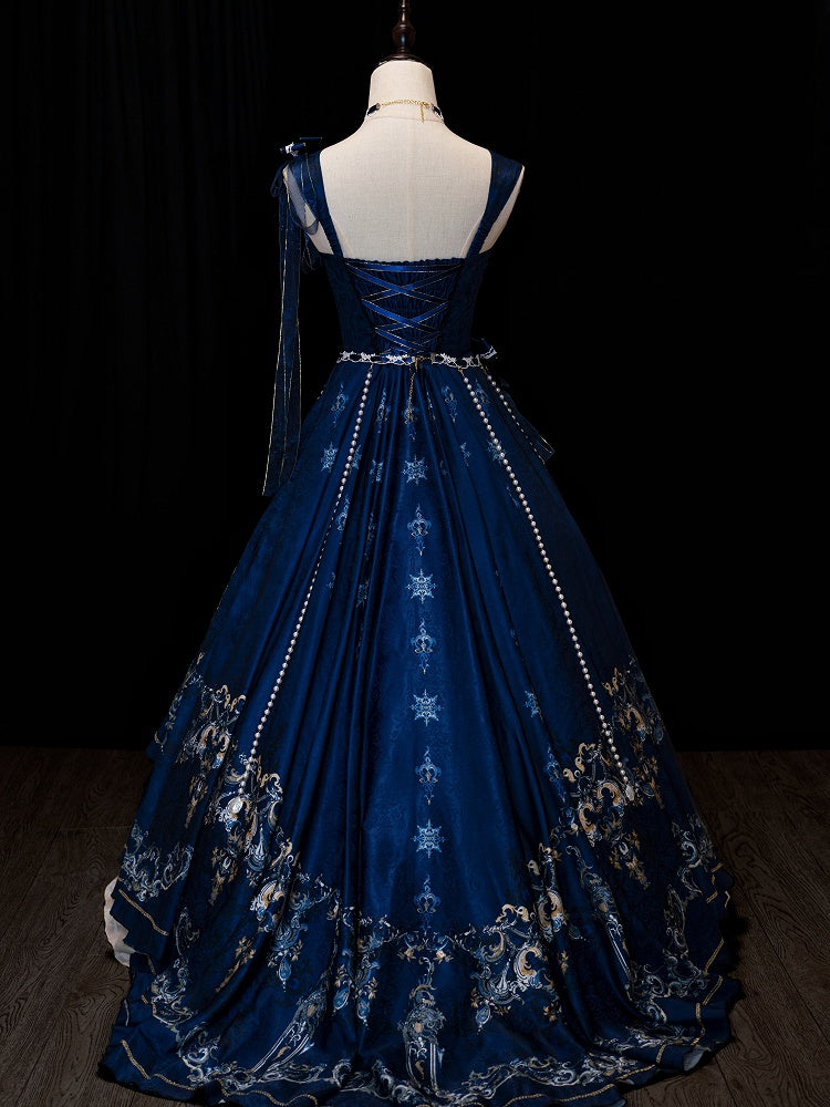 Robe à traîne magnifique bleu foncé et blanc, jupe pull Lolita