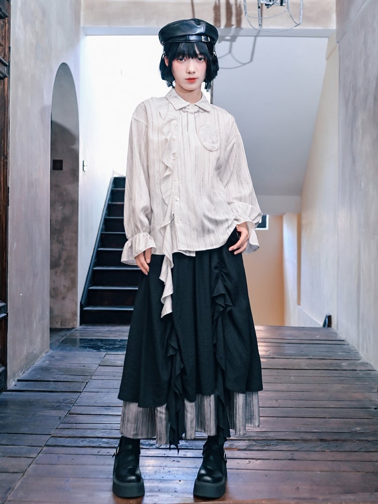 Cascading Hem Cheongsam Black Ruched with Ruffles Skirt Gothic Contrast