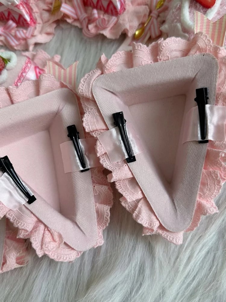 Triangle Print Hat Decoration Sweet Strawberry Mini Cake Bow with Pink Lolita