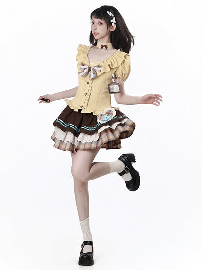 Tiered Skirt with Lace Trim and Plaid Heart Patch in Brown and Blue - PINK SAVIOR