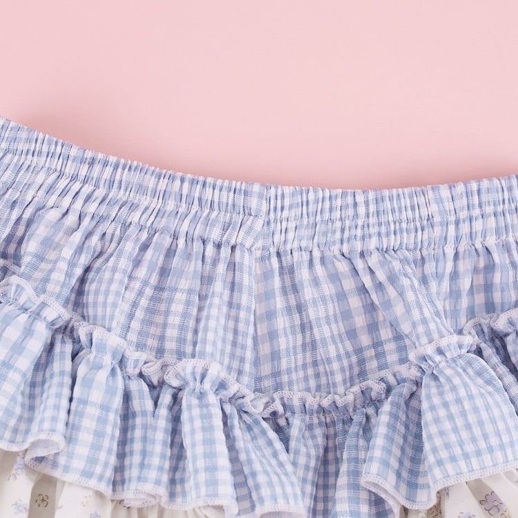 White Blue Plaid Floral Print Tiered Skirt with Built-In Shorts - serendipity