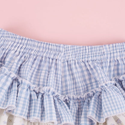 White Blue Plaid Floral Print Tiered Skirt with Built-In Shorts - serendipity