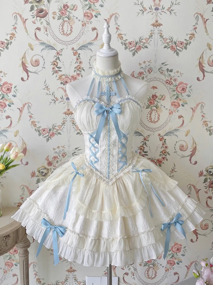 Cross Belle Beige und Blau Neckholder Korsettkleid Balletcore Lolita JSK