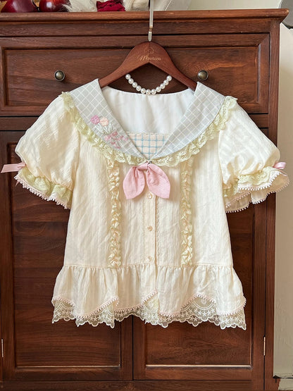 Ohren Bluse Kragen Hase Kurze Ärmel Stickerei Rücken Matrose Tulpe