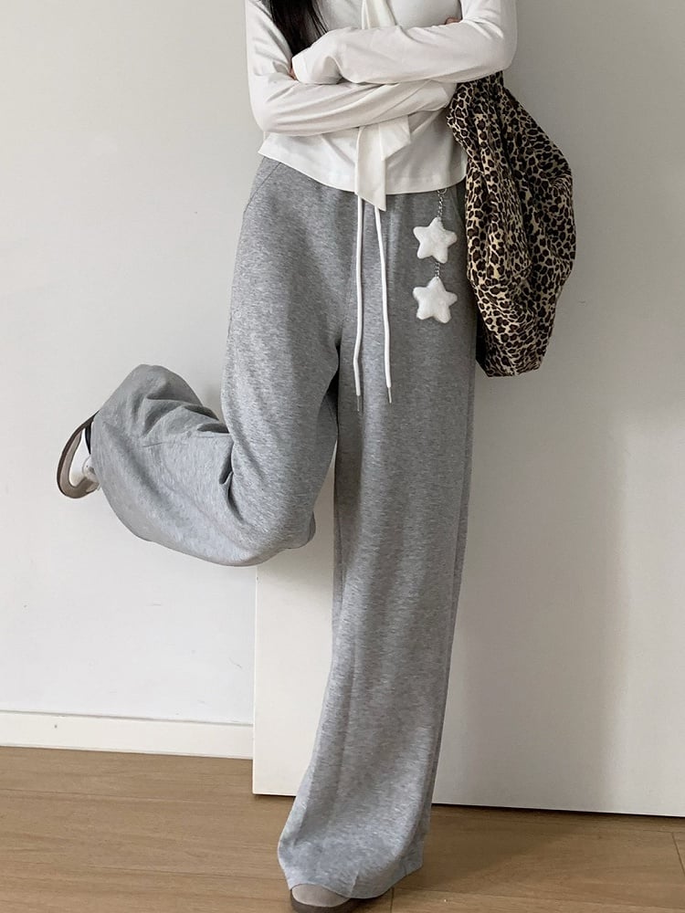 Waist Drawstring Version Straight-Leg Accent Lining with Star Pants Black/Gray CharmWing Regular/Fleece