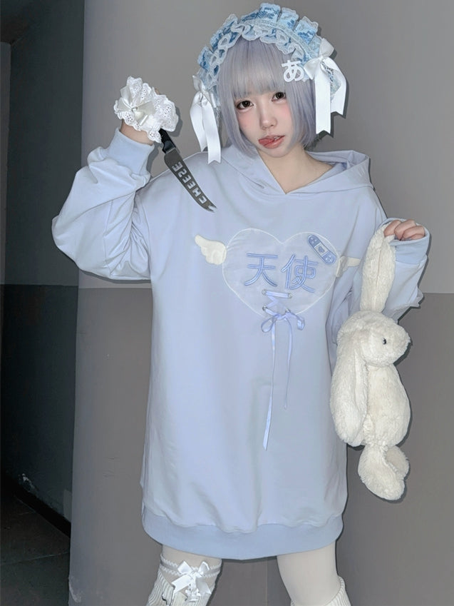 Tenshi Kaiwai Hellblaue Charaktere Schnürdetail Yami Kawaii Hoodie