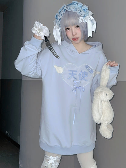 Tenshi Kaiwai Hellblaue Charaktere Schnürdetail Yami Kawaii Hoodie
