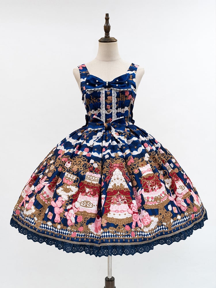 Lolita and Print Dress Details Sweet Bow Lace JSK Cake Blue Bear with Trim Dark