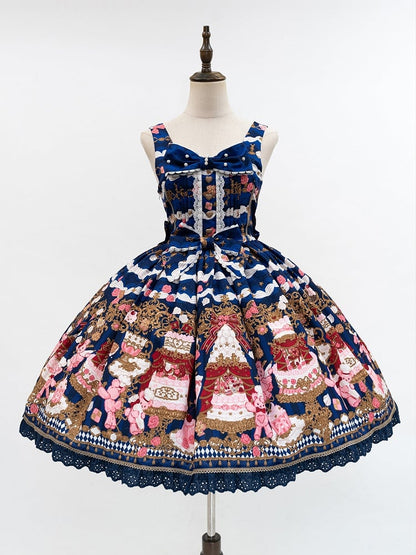 Lolita and Print Dress Details Sweet Bow Lace JSK Cake Blue Bear with Trim Dark