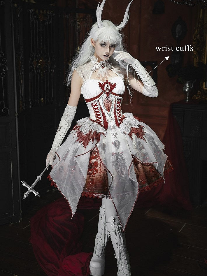 Red & White Bone Dragon Embroidery Halter Neck Gothic Lolita Dress Set - Ying Luo Fu