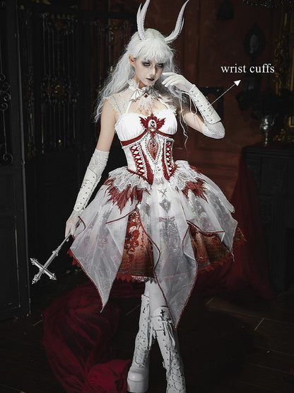 Red & White Bone Dragon Embroidery Halter Neck Gothic Lolita Dress Set - Ying Luo Fu